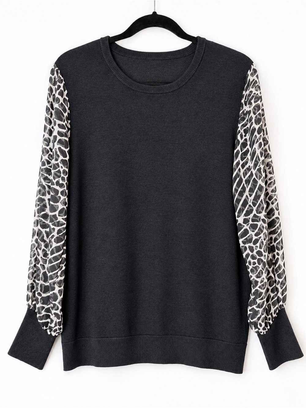 DKNY Black Mixed Media Crew Neck Sweater Sheer Animal Print Sleeves Large